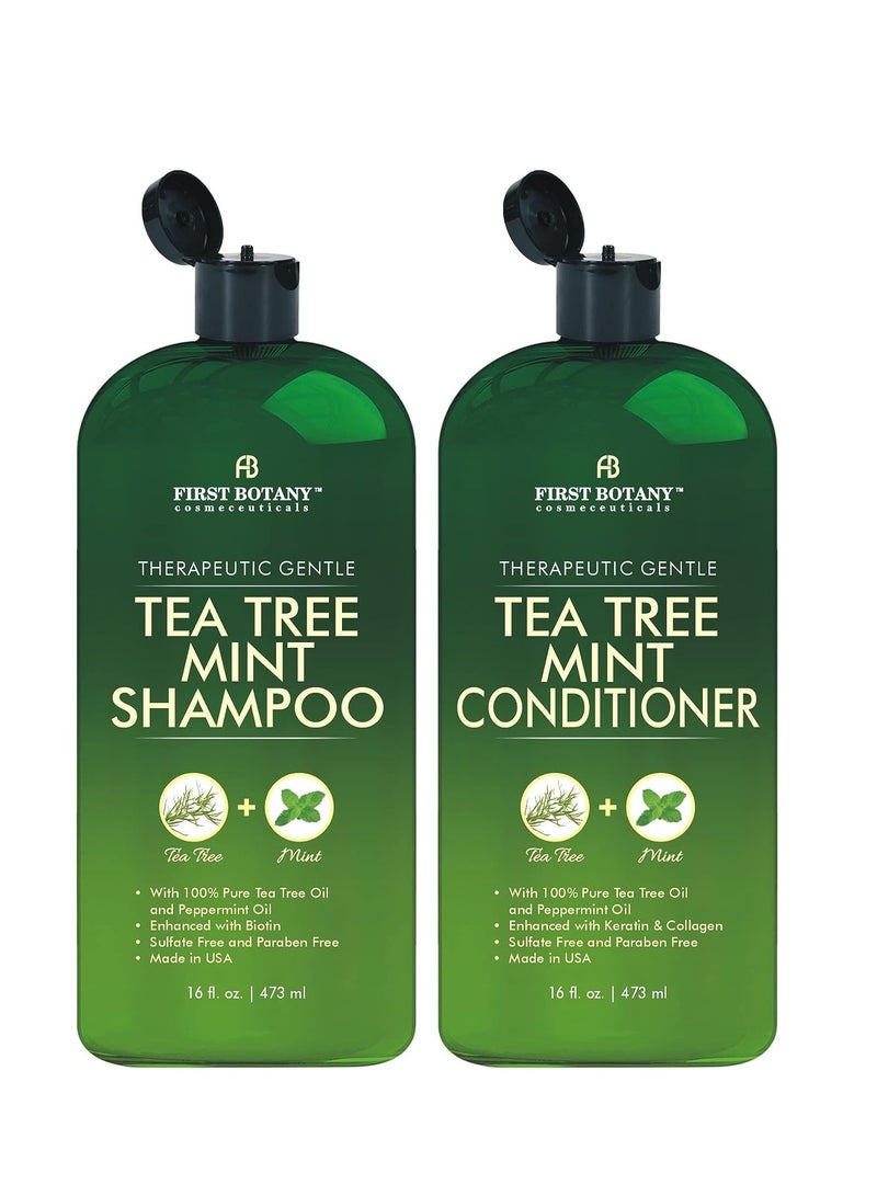 Tea Tree Mint Shampoo and Conditioner - Pure Tea Tree Oil & Peppermint Oil - Fights Hair Loss, Promotes Hair Growth, Fights Dandruff, Lice & Itchy Scalp - for Men and Women Sulfate Free - 16 fl oz x 2
