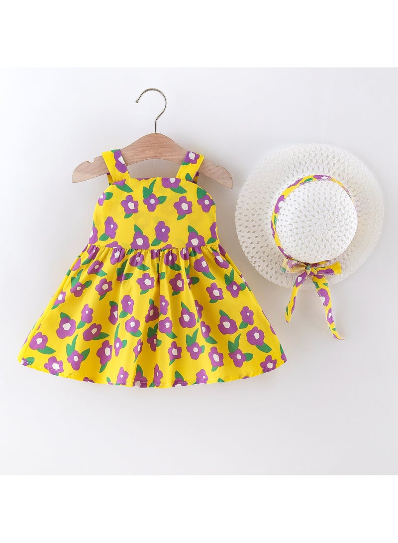 New Bowknot Sleeveless Suspended Dress with Forest Print Hat Tank Top Skirt