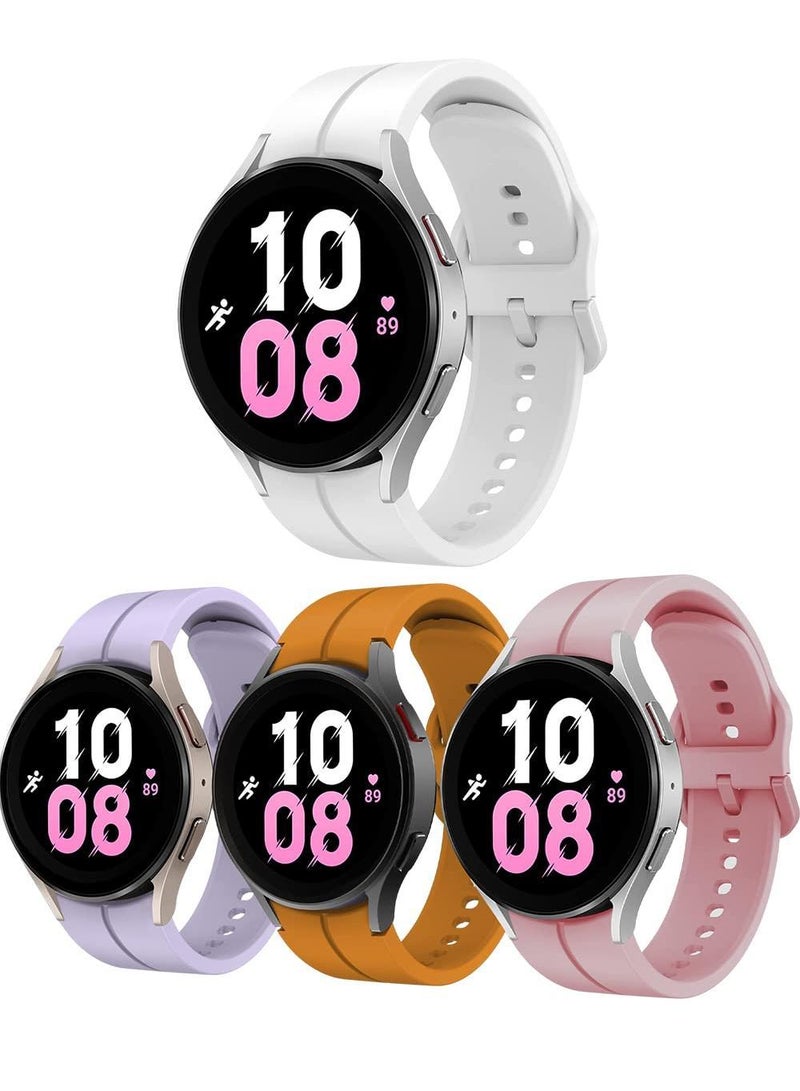 4-Pack Silicone Replacement Strap for Samsung Galaxy Watch 5 Pro 45mm, Galaxy Watch 4 40mm/44mm, Classic 42mm/46mm - No Gap Fit with Colorful Buckles(Pink/White/Purple/Official Yellow)