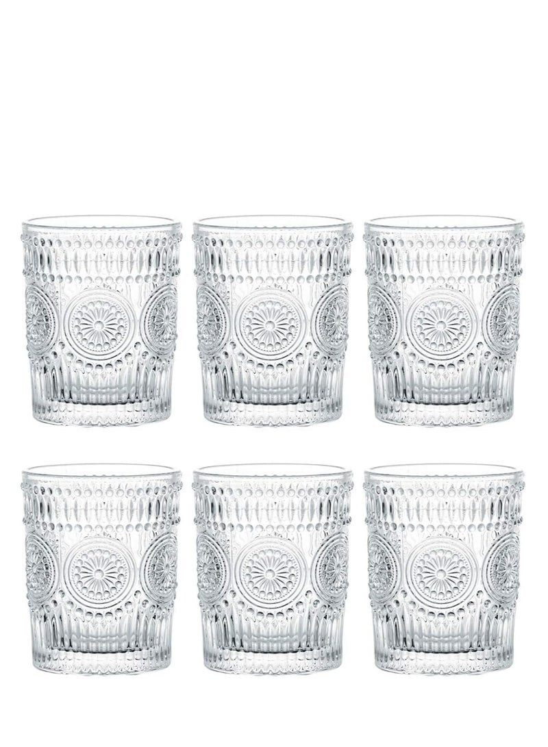 Drinking Glasses Set of 6 - Small, Clear | Vintage Glassware for cocktails, juices, coffee, tea, mixed drinks, whiskey, mocktails | Perfect for Gifting