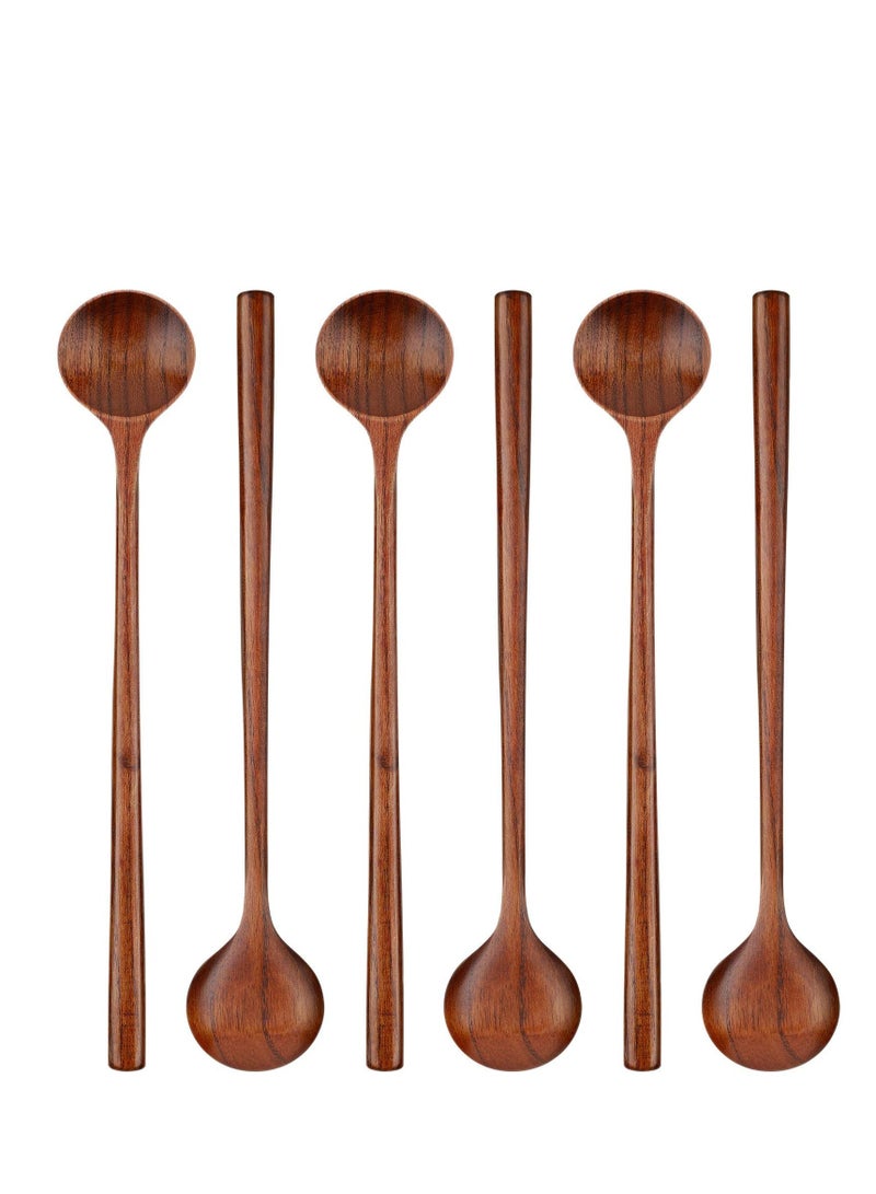 6 PCS 10.9 Inch Wooden Long Spoons, Kitchen Wooden Cooking Spoon, Korean Style Soup Spoons, Suitable for Eating Mixing Stirring, Soup Stews (Brown)