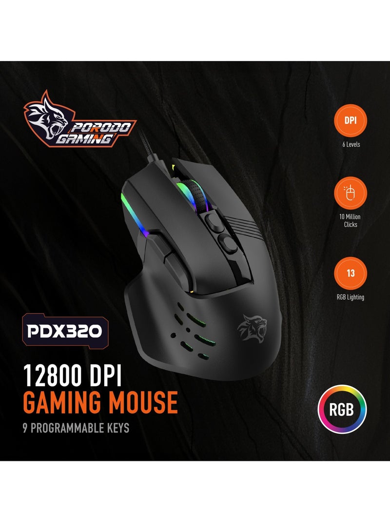 Gaming 9D Wired Mouse DPI 12800 with 13 Modes RGB Light /1.5 Meters Braided Cable / 125Hz Polling Rate- Black