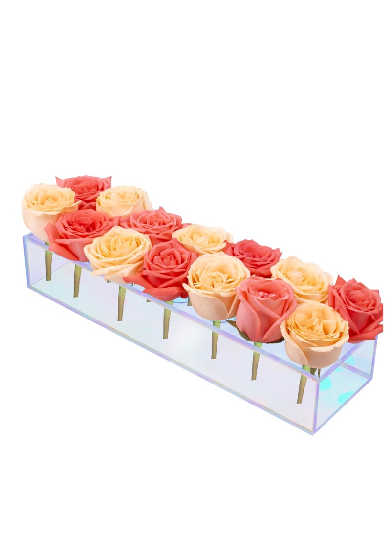 Clear Acrylic Flower Vase Rectangular, 16.1 Inches14 Holes Modern Vase, Suitable for Dining Table Party Decor Wedding (Flowers not Included)