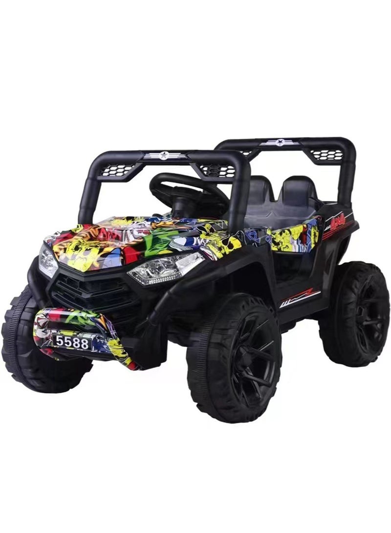 Electric 4-Wheel Off-Road Vehicle Dual Drive with Remote Control Ride On Toys Car for Children Yellow Graffiti