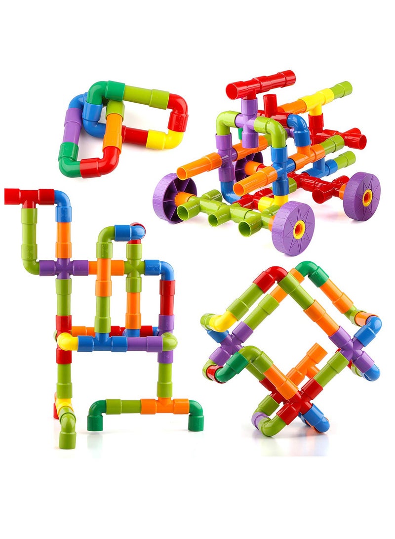 STEM Toy Pipe Tube Building Kit for Kids, 72 Pcs Creative Interlocking Construction Blocks Sets with Wheels Baseplate Educational Learning Preschool Gift for Tolddlers Boys Girls Age 3 4 5 6 7 8