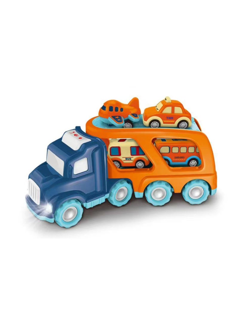 Big Transport Truck with 4 Small Cute Pull Back Trucks Carrier Truck with Sound and Light Effects for 3-5 Years Old Toddlers Boys Girls Gift