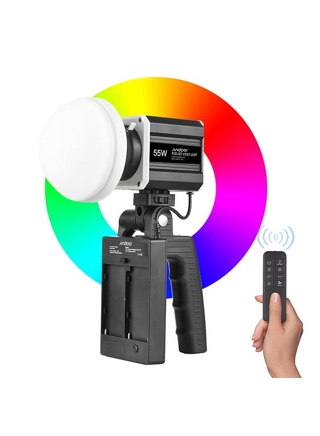 Handheld RGB Video Light 55W COB Photography Fill Light 2800K-6800K Dimmable LCD Screen 9 FX Scene Effects with Remote Control for Live Streaming Home Studio Comercial Product Photography