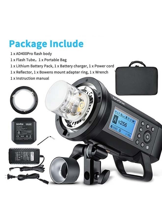 Godox AD400 Pro AD400Pro Outdoor Flash Strobe, Portable 400W 2.4G TTL 1/8000 HSS Monolight, 0.01-1s Recycle, 30W LED Modeling Lamp with Rechargeable Battery and Bowens Mount