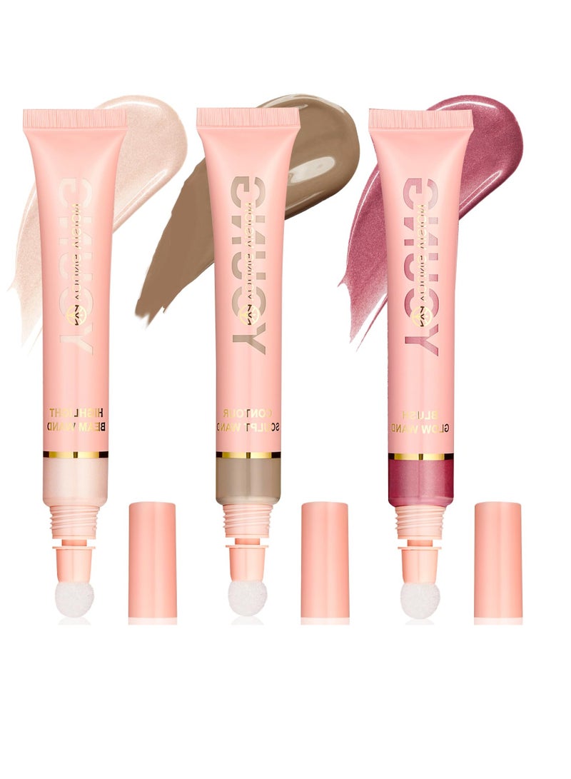 3 Pack Liquid Contour Beauty Wand Set, Long Lasting Smooth Natural Matte Finish,Face Moisturizing Contour Blush Stick with Fine Cushion Applicator, Suitable for Girls and Women
