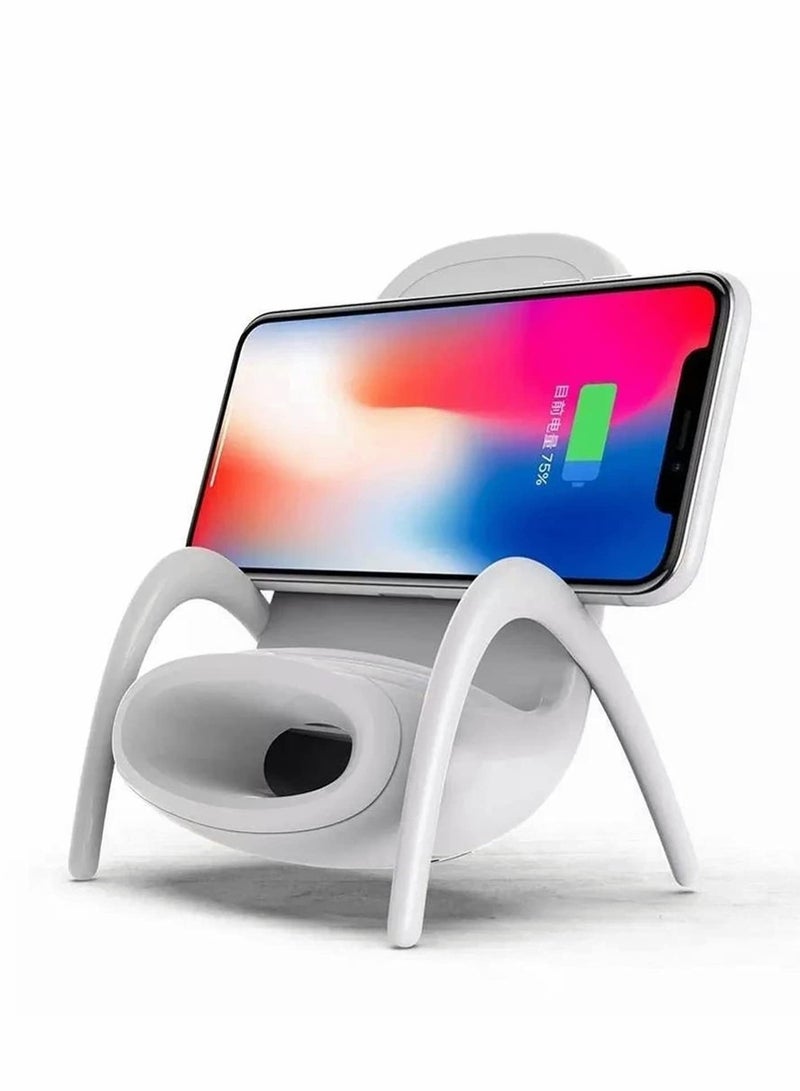 Wireless Charger,Portable Mini Chair Wireless Charger Supply for All Phones,Multipurpose Phone Stand with Musical Speaker Function,USB Cable Power Bank-White