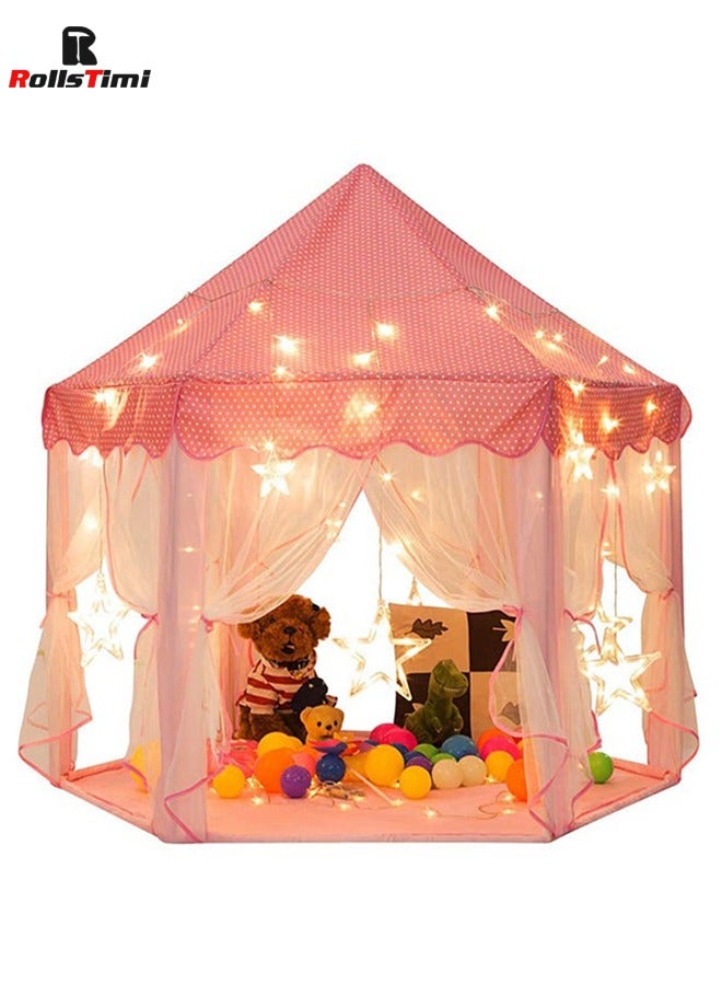 Princess Castle Play House Game Tent With Star Lights Pink