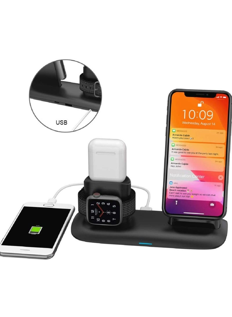 4-in-1 Charging Station with Built-in Lightning Connector, Magnetic Charging for AirPods & Smartwatches, 10W Phone Output, 2W Watch Charger Output, Qi Standard - Black