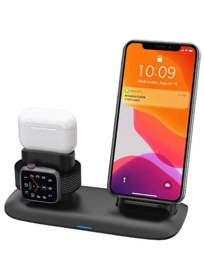 4-in-1 Charging Station with Built-in Lightning Connector, Magnetic Charging for AirPods & Smartwatches, 10W Phone Output, 2W Watch Charger Output, Qi Standard - Black