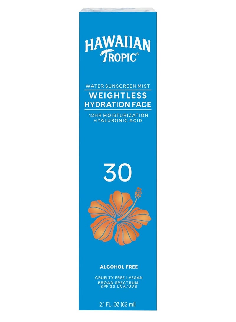 Hawaiian Tropic Weightless Hydration Water Mist for Face SPF 30, 2.1oz | Travel Size SPF Face Mist Hydrating Spray, Non-Comedogenic Sunscreen Facial Mist, Non-Aerosol Sunscreen Spray, 2.1 oz.