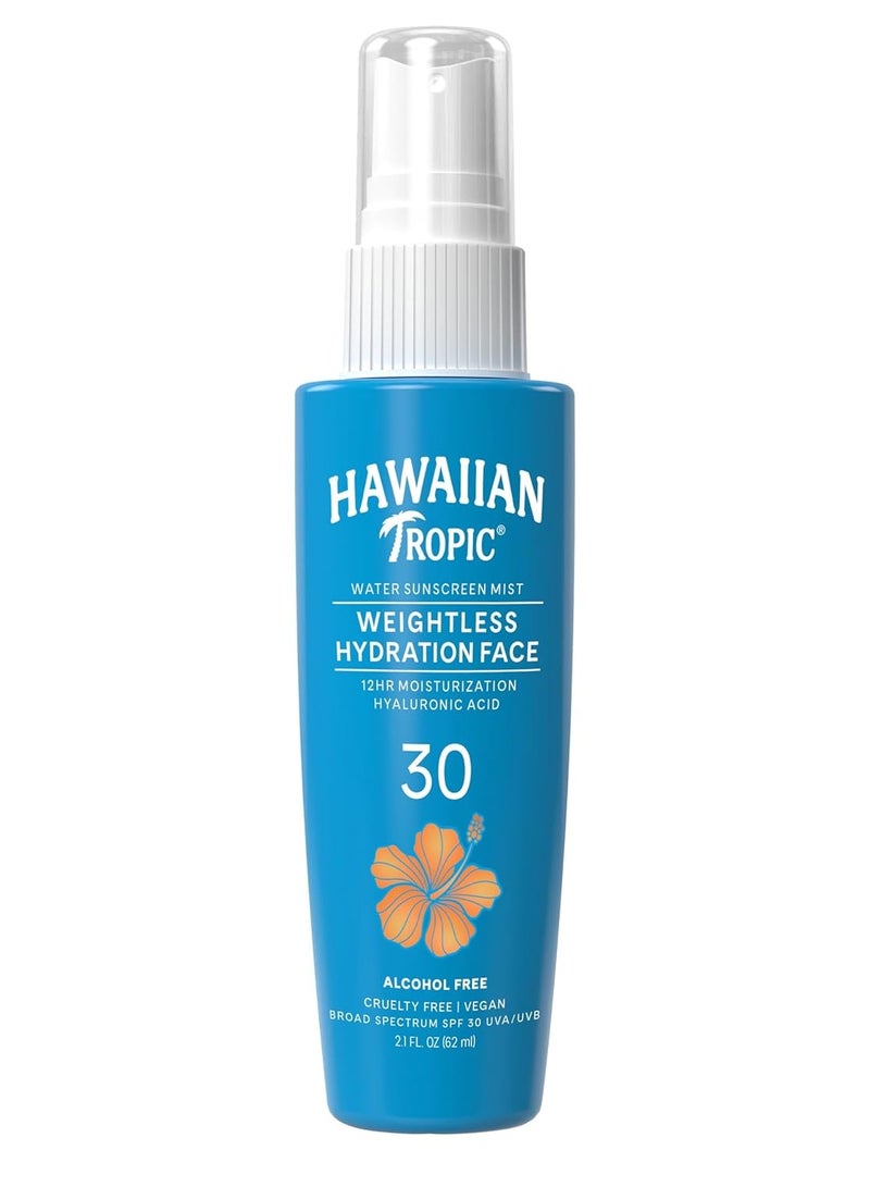 Hawaiian Tropic Weightless Hydration Water Mist for Face SPF 30, 2.1oz | Travel Size SPF Face Mist Hydrating Spray, Non-Comedogenic Sunscreen Facial Mist, Non-Aerosol Sunscreen Spray, 2.1 oz.