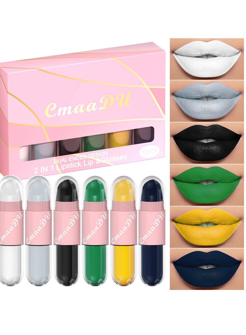 6 Colors 2 in 1 Lipstick Lip Gloss, 12 Hours Long Lasting Smudge Proof Liquid Lipstick, Glamorous Personalized Color, White Grey Black Green Yellow Dark Blue Matte Lipstick