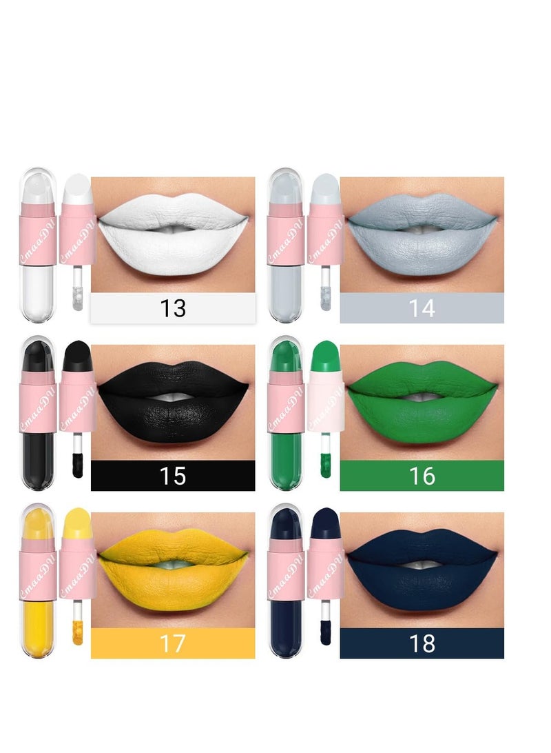 6 Colors 2 in 1 Lipstick Lip Gloss, 12 Hours Long Lasting Smudge Proof Liquid Lipstick, Glamorous Personalized Color, White Grey Black Green Yellow Dark Blue Matte Lipstick