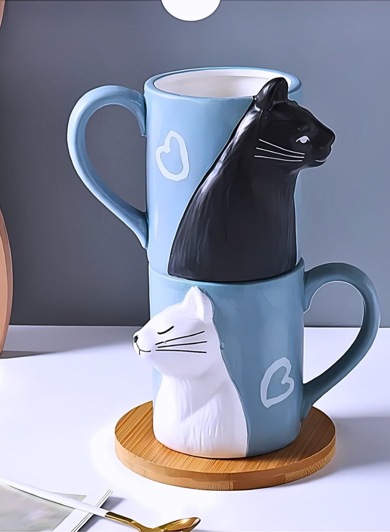 Cat Couple Mug set, Unique Funny Tea Ceramic Cup Set for Bride and Groom, Matching Gift For Birthday, Anniversary, Wedding, Engagement Valentines Day Girlfriend Wife (Cat mug) Blue 400ml