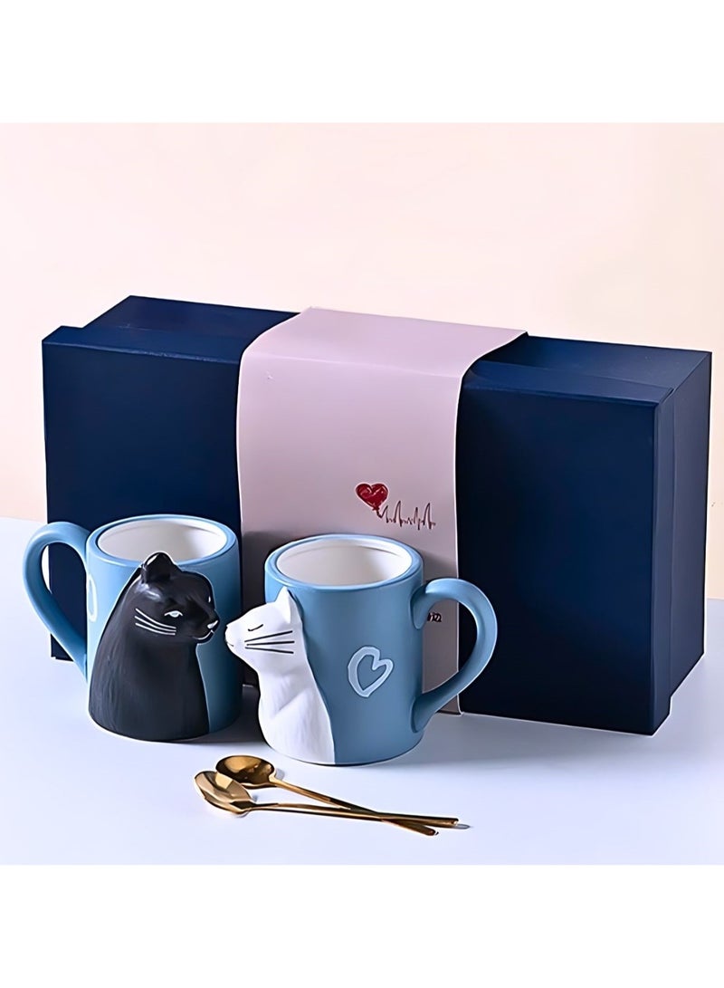 Cat Couple Mug set, Unique Funny Tea Ceramic Cup Set for Bride and Groom, Matching Gift For Birthday, Anniversary, Wedding, Engagement Valentines Day Girlfriend Wife (Cat mug) Blue 400ml