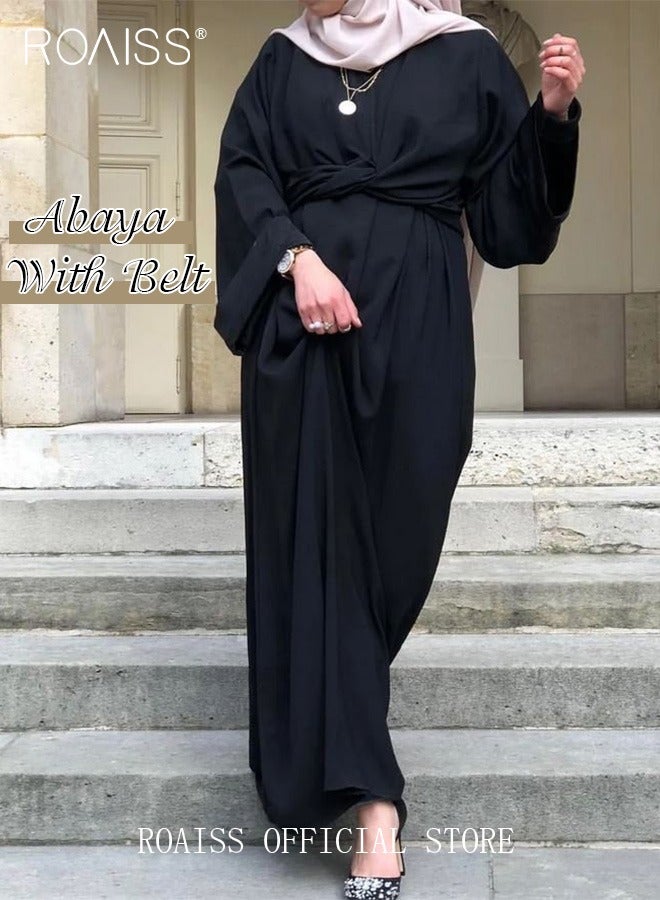 Abaya with Belt for Women Ladies Long Sleeve Dress Classic Style Long Sleeve Tunic Round Neck Casual Elegant Dress for Daily Outfit