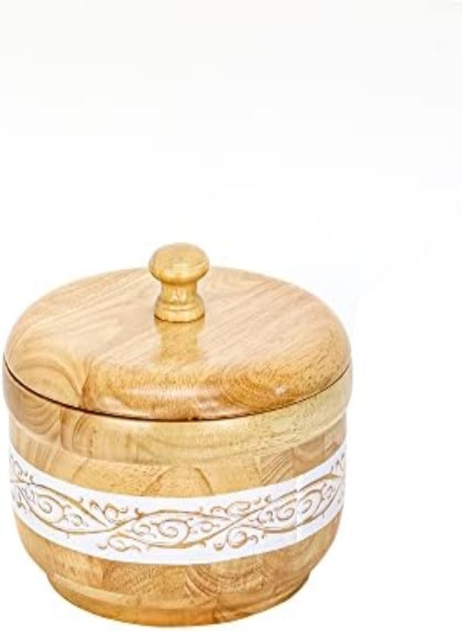 Wooden Bowl With Lid In Light Brown Color With White Texture Hot Pot Food Dish Bowls Serving Dishes Storage Containers, Casserole Box Chapatti Hotpot Dining Kitchen Tableware (M - 24 Cm)