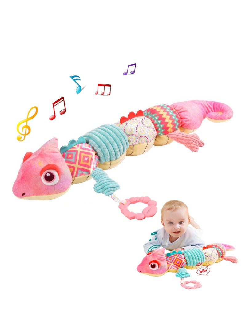 Baby Musical Stuffed Animal Toy with Soft Sensory Rattles and Crinkle Newborn Plush Tummy Time Toys 6+ Months Old Baby Girl Gift, Pink Chameleon