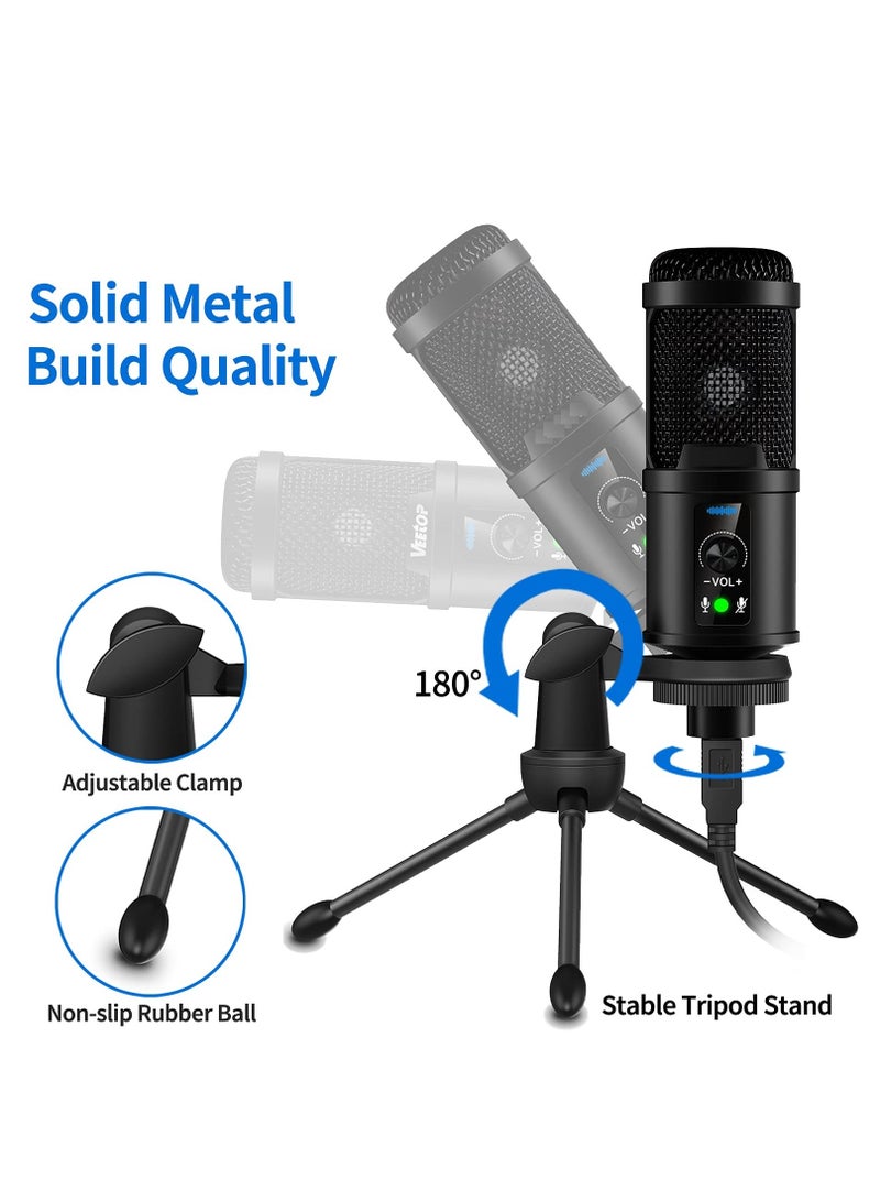 USB Microphone, With Built-In Headphone Jack & Volume Control, PC Microphone for Gaming Recording Streaming Voiceover