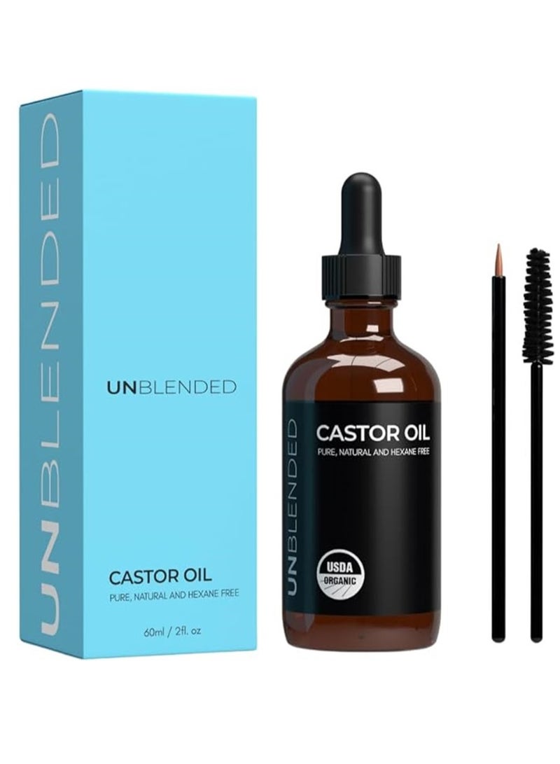 Castor Oil by Unblended  Pure Cold Pressed Organic Oil for Hair Growth Eyelashes Eyebrows and Skin Care Free Eyelash and Eyebrow Brushes Included - 60ml/2oz