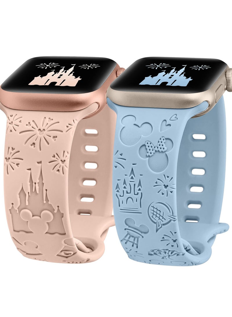 Cartoon Engraved Band, 2 Pack Compatible with Apple Watch Ultra Straps, Soft Silicone Breathable Replacement Strap for Women, iWatch Series 8 7 6 5 4 3 2 1 SE, 44mm 42mm 45mm 49mm