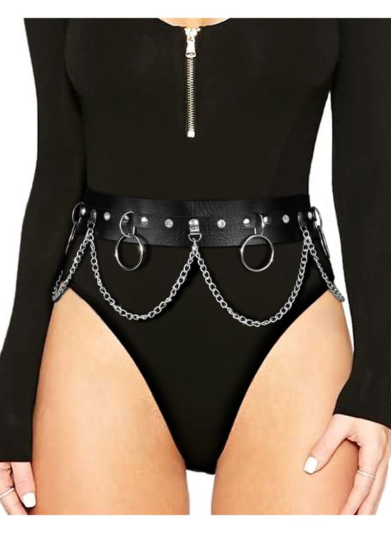 Punk Black Waist Chain Belt for Women, Leather Rave Body Goth Accessories Jewelry. Perfect for adding edge to outfits.
