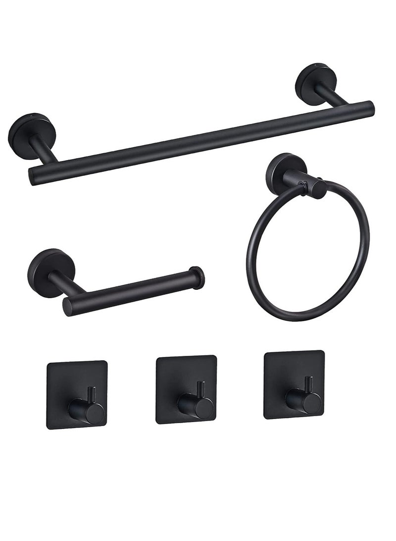 Towel Bar Set KASTWAVE 6 PCS Bathroom Matte Black Stainless Steel Bathroom Accessories Towel Rack Set Round Wall Mounted, Include 16inch Towel Bar, Toilet Paper Holder, Towel Ring, 3 Robe Towel Hooks