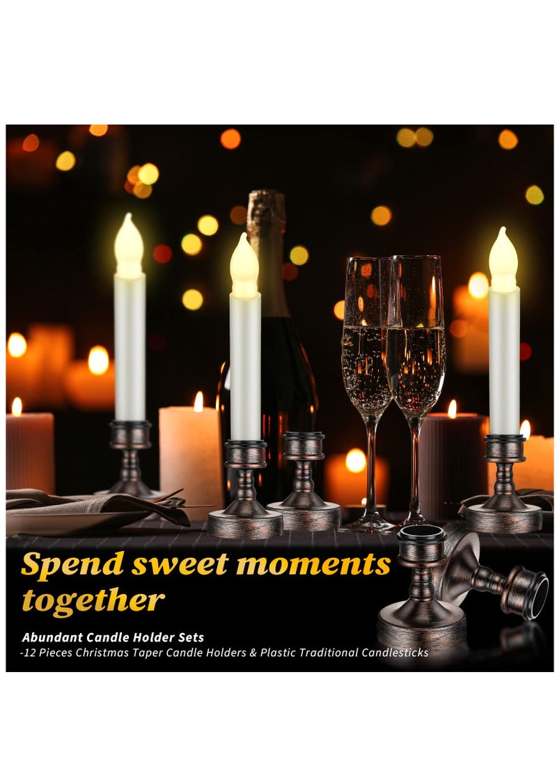 12 Pieces Window Candle Taper Candle Holders Plastic Traditional Candlesticks for Table Centerpiece Pillar Candle Base Holder for  Wedding Dinner Tables, Black