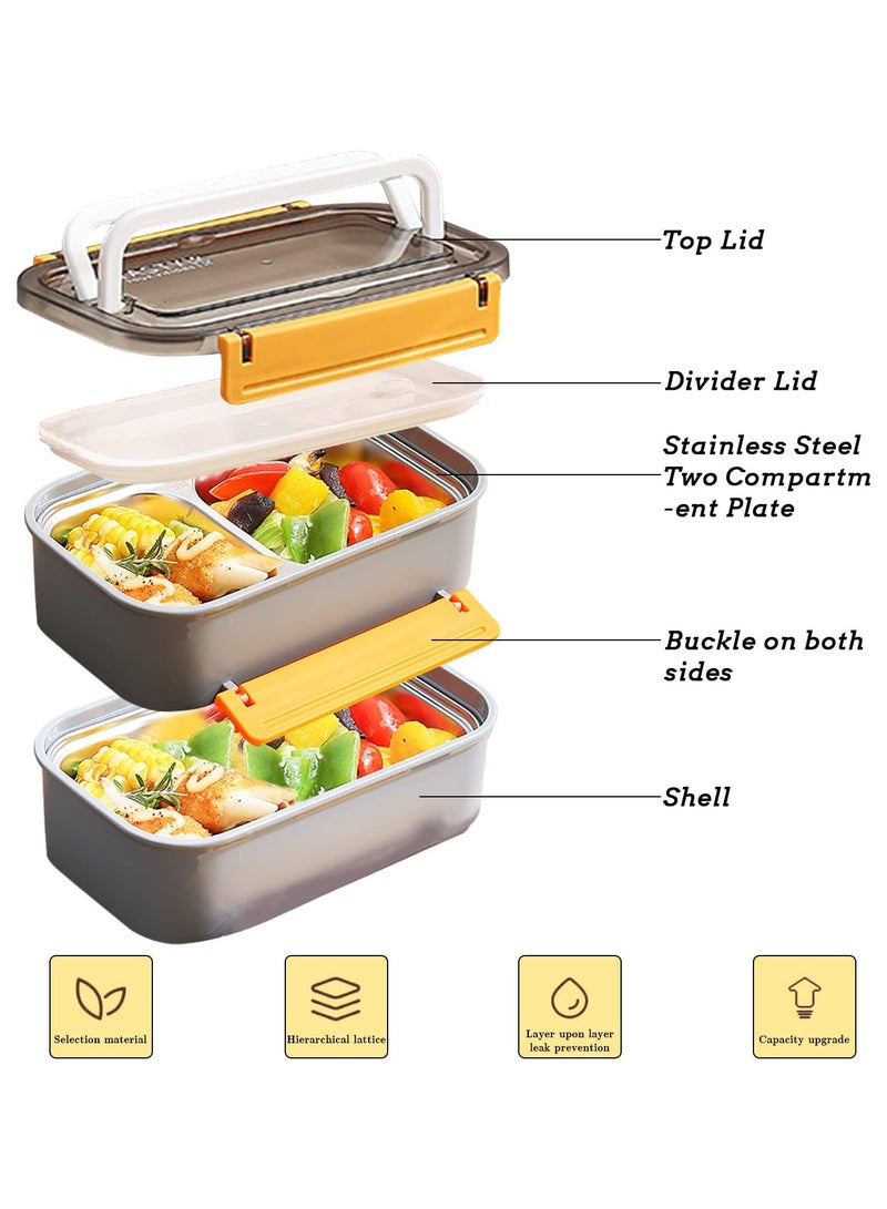 Stainless Steel Lunch Box - Insulated Bento Box Multifunctional Containers Food Containers with 2 Compartments,Tableware, Nylon insulation bag (1.6L Grey)