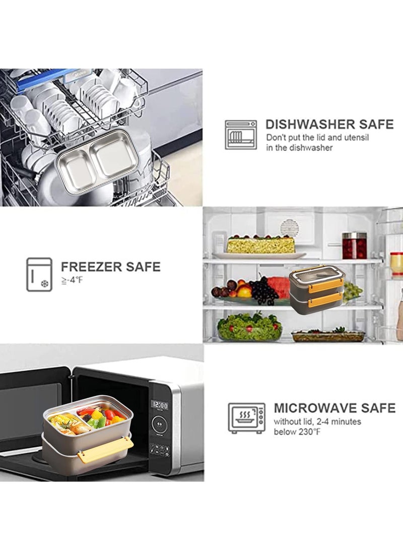 Stainless Steel Lunch Box - Insulated Bento Box Multifunctional Containers Food Containers with 2 Compartments,Tableware, Nylon insulation bag (1.6L Grey)