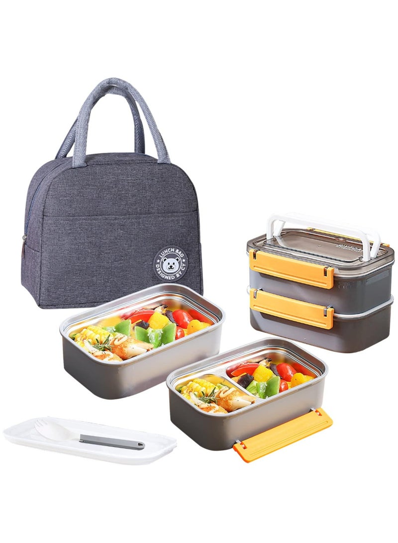 Stainless Steel Lunch Box - Insulated Bento Box Multifunctional Containers Food Containers with 2 Compartments,Tableware, Nylon insulation bag (1.6L Grey)