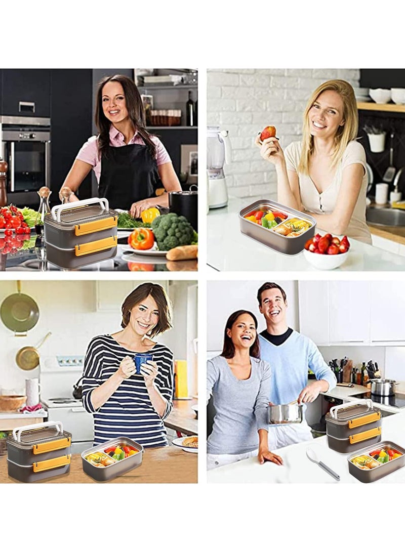 Stainless Steel Lunch Box - Insulated Bento Box Multifunctional Containers Food Containers with 2 Compartments,Tableware, Nylon insulation bag (1.6L Grey)