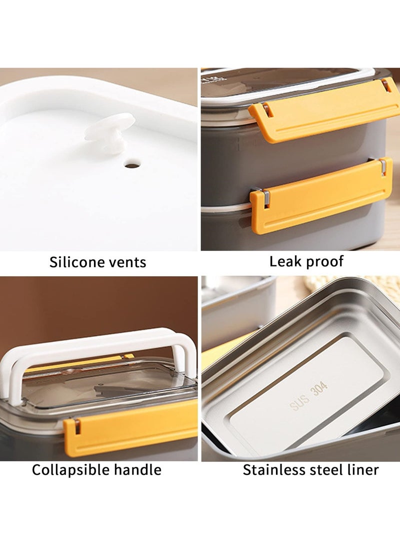 Stainless Steel Lunch Box - Insulated Bento Box Multifunctional Containers Food Containers with 2 Compartments,Tableware, Nylon insulation bag (1.6L Grey)