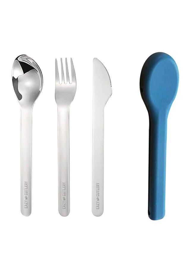 Cutlery Set - Stainless Steel Spoon, Fork And Knife With Silicone Case (Blue)