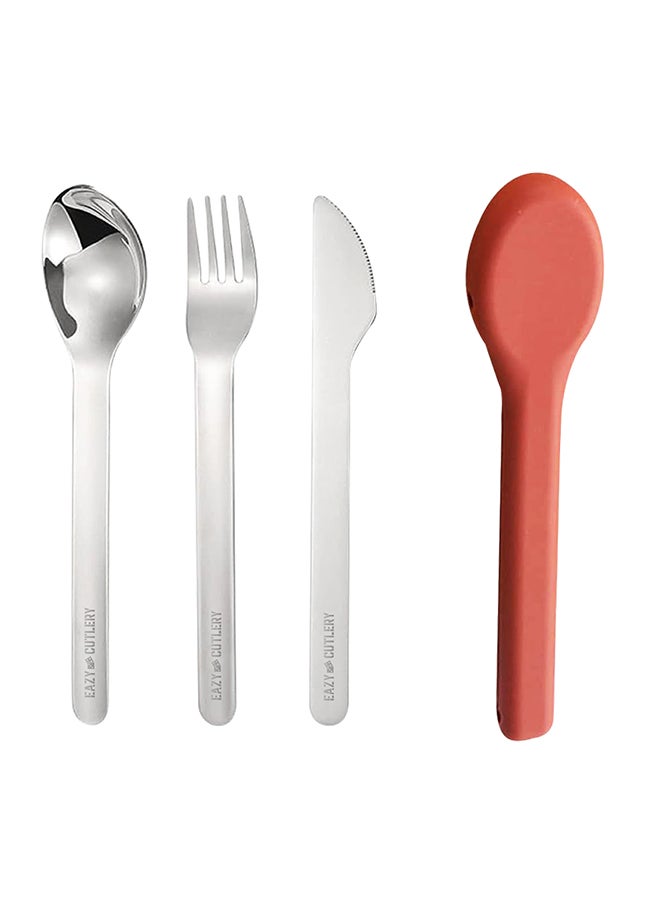 Cutlery Set - Stainless Steel Spoon, Fork And Knife With Silicone Case (Pink)