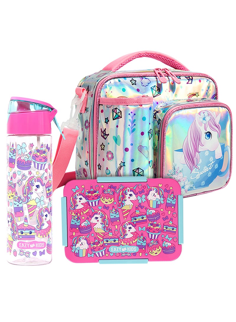 Set Of 3 Lunch Bag Detachable And Adjustable Shoulder Strap, Unicorn - Pink