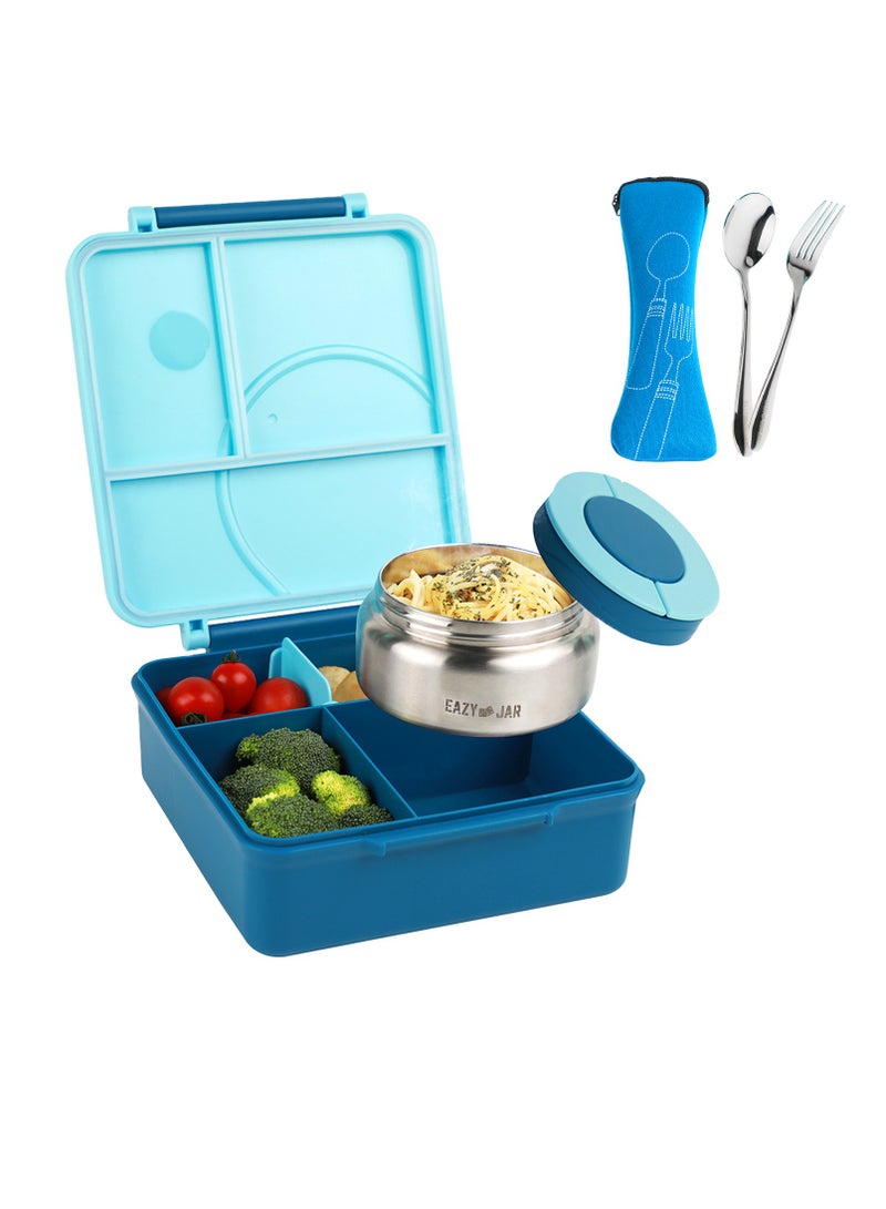 Eazy Kids 3/4 Convertible 1600ml Jumbo Bento Lunch Box with 290ml Leakproof SS Gravy Bowl, Spoon & Fork Set with Pouch - Blue