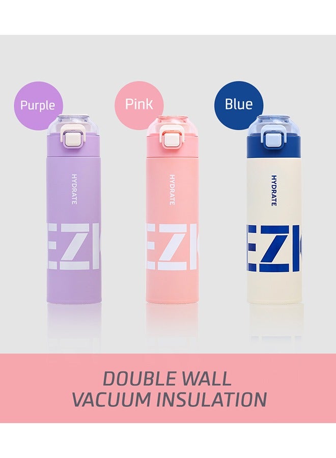 Double Wall Insulated Travel Water Bottle - Pink, 550 ML