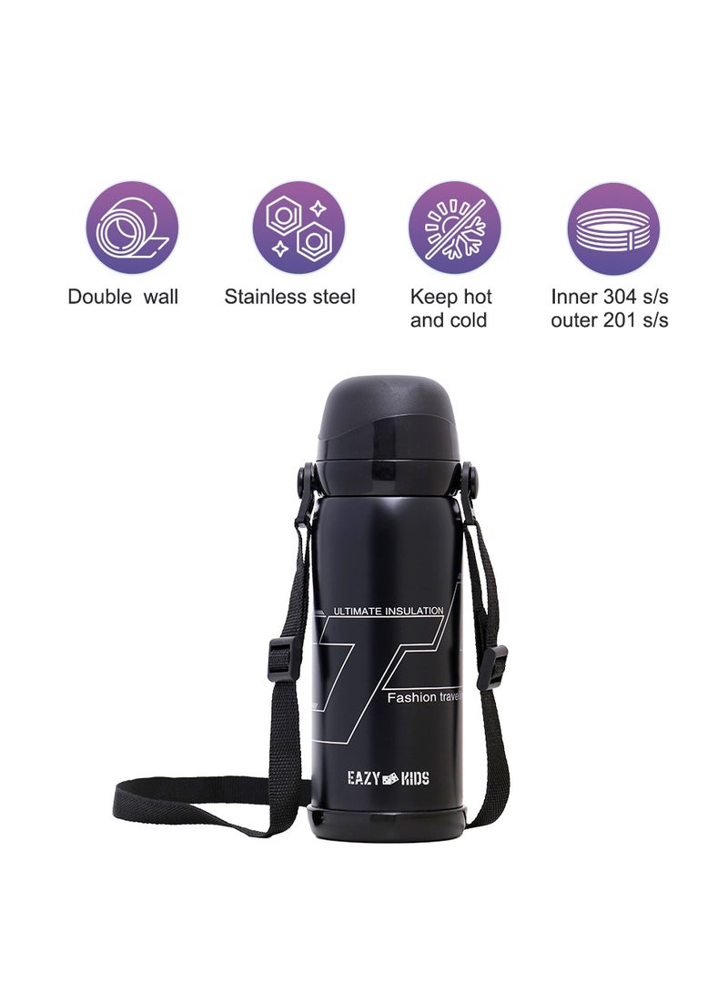 Double Wall Insulated School Water Bottle - Black, 800 Ml