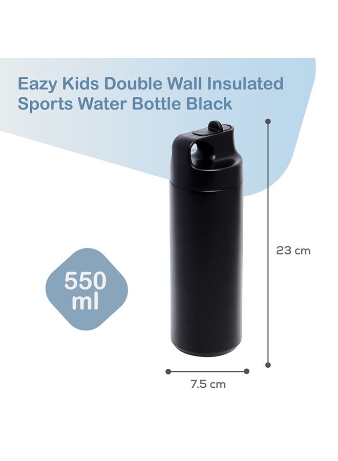 Double Wall Insulated Sports Water Bottle - Black, 550 ML