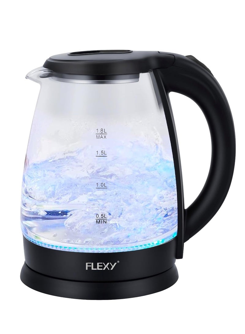 FLEXY 1.8 Liter Glass Body Electric Cordless Kettle with 360° Swivel Base, Power Cord Storage, Auto Cut-off Function, LED Indicator, 1500 Watts