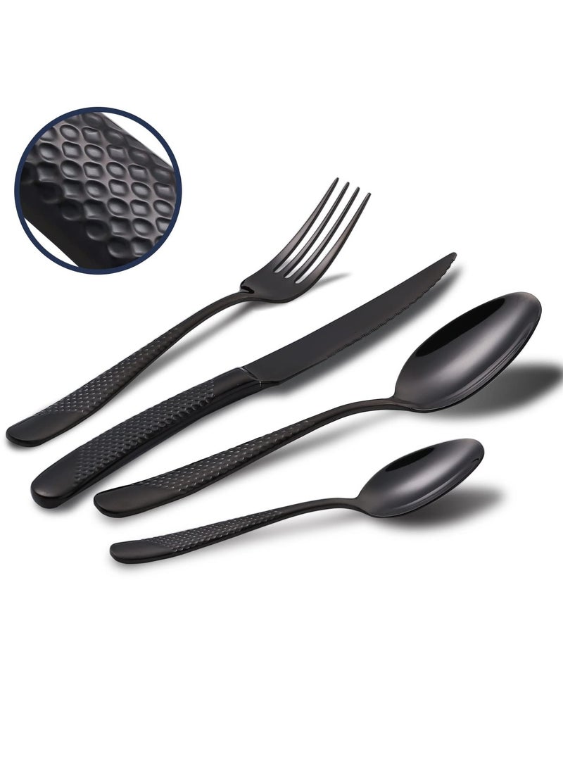 Hammered Silverware Set, 4 Piece Modern Black 18 Or 10 Stainless Steel Flatware Set With Forks Spoons And Knives, Unique Metal Cutlery Sets For Home Restaurant, Mirror Polished And Dishwasher Safe