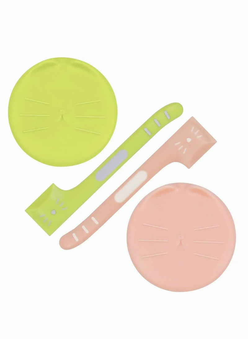 Dog Cat Can Covers and Spoons Set, Cute Cat Shaped Lids with Right Angle Spoons Universal 1 Fit 3 Size Can Lids Pet Food Can Tops,Green and Pink, 2 Pack