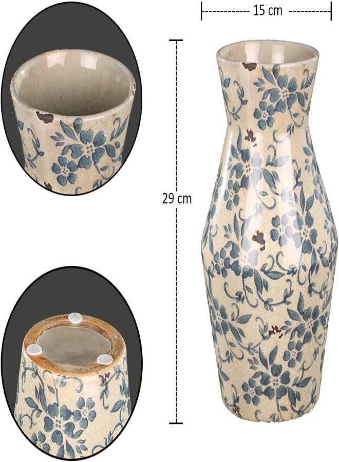 Yatai Flower Vase, Classic Blue Blossom Tall Ceramic Vase, Luxurious Floral Pattern, Antique Finish Decorative Vase For Flowers, Boho Decor Pampas Flowers Vase For Fresh And Dry Flowers, Home Decor