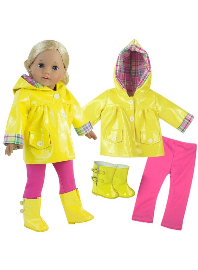 Plaidlined Buttonup Raincoat Leggings & Wellie Rain Boots Clothing Set For 18” Dolls Yellowpink