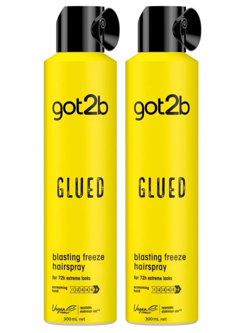 Got2b Glued Hairspray, Blasting Freeze Spray, Strong Hold Hairspray for Up to 72 Hours, Vegan, Silicone Free, 300ml pack of 2